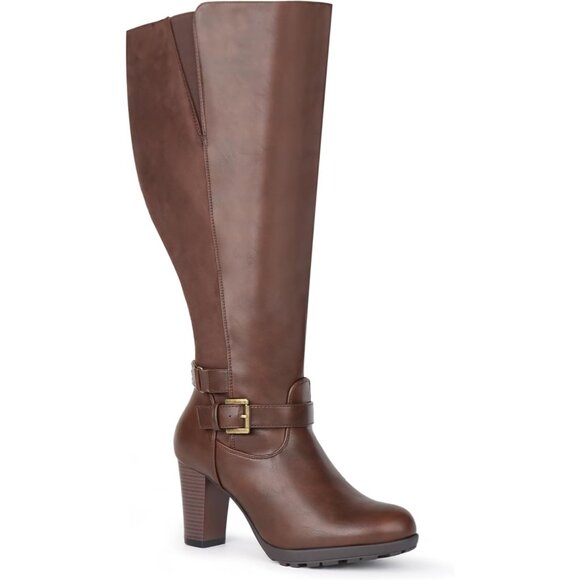 Women Brown Plus Size Extra Wide Calf High Heel Dress Boot With Ankle Buckle - Picture 5 of 5